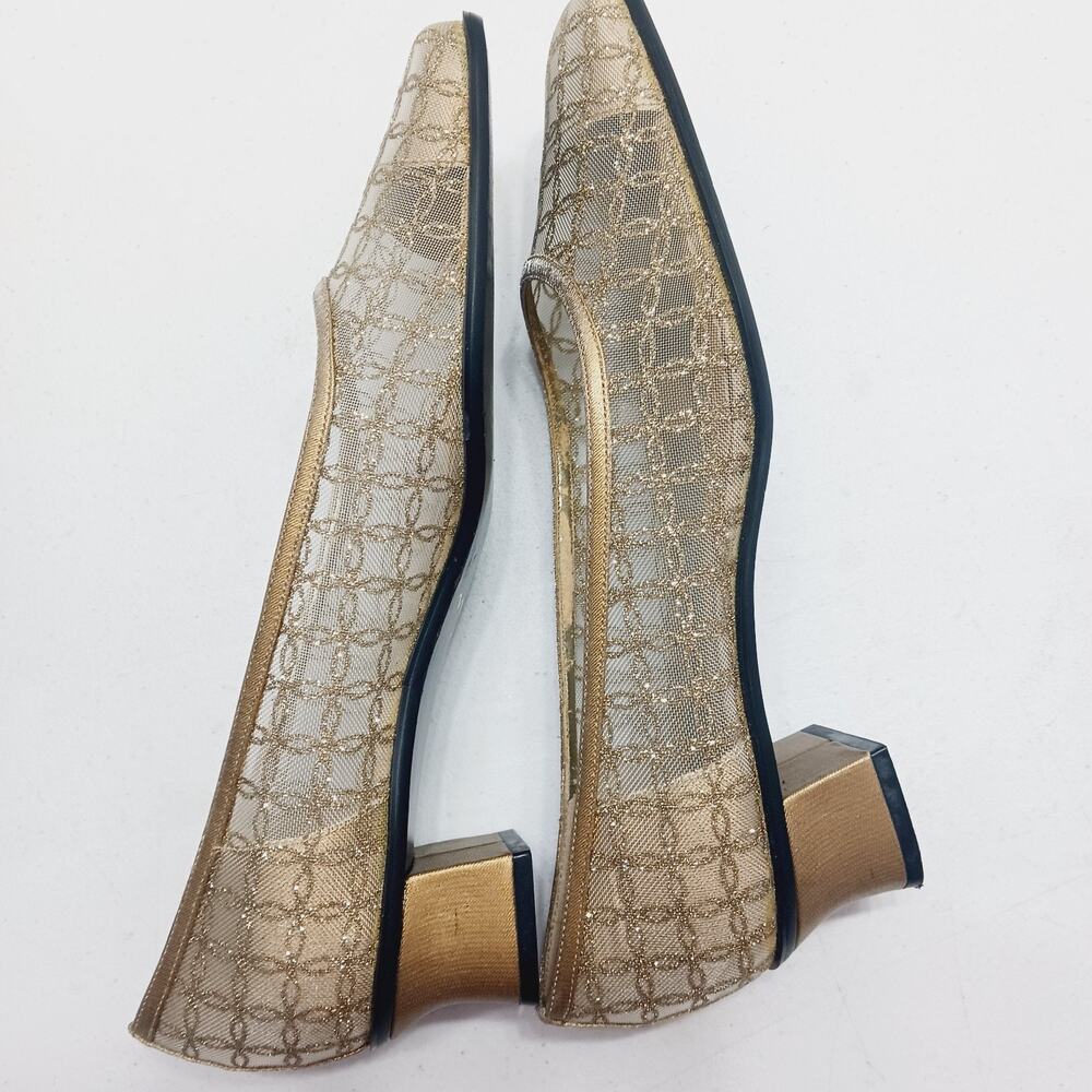 Shoes Women Slip On Pump Gold Mesh Floral Nina Cuban Heel Square Toe Size 8.5M - Picture 6 of 8
